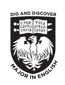 Shield with the inscription "Dig and Discover: Major in English"